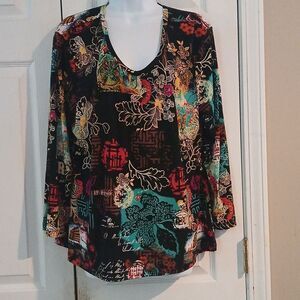 Investments black Asian Orient print long sleeve blouse Sz XL